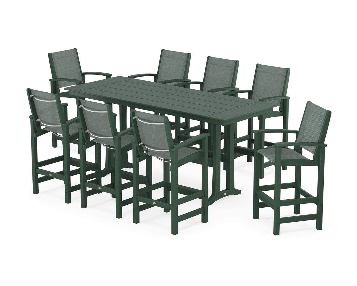 POLYWOOD Coastal 9-Piece Farmhouse Bar Set with Trestle Legs in Green / Dupioni Sea Mist