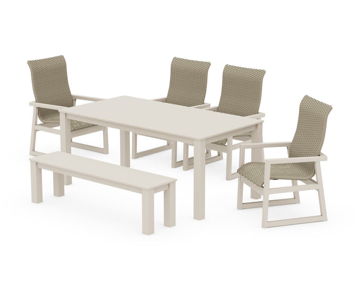 POLYWOOD EDGE Woven High-Back 6-Piece Parsons Dining Set with Bench in Sand / Dune Grass