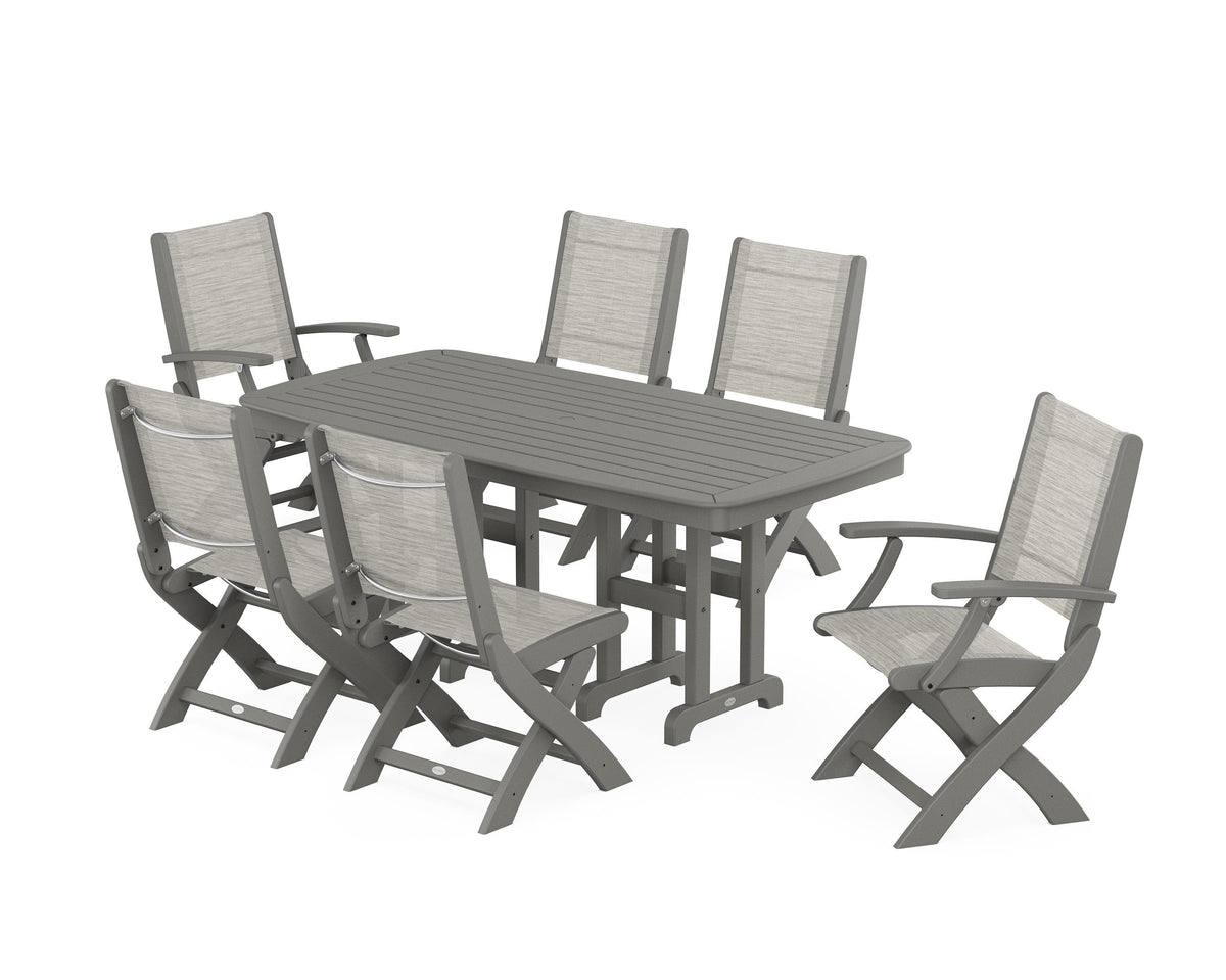 POLYWOOD Coastal Folding Chair 7-Piece Dining Set in Slate Grey / Birch