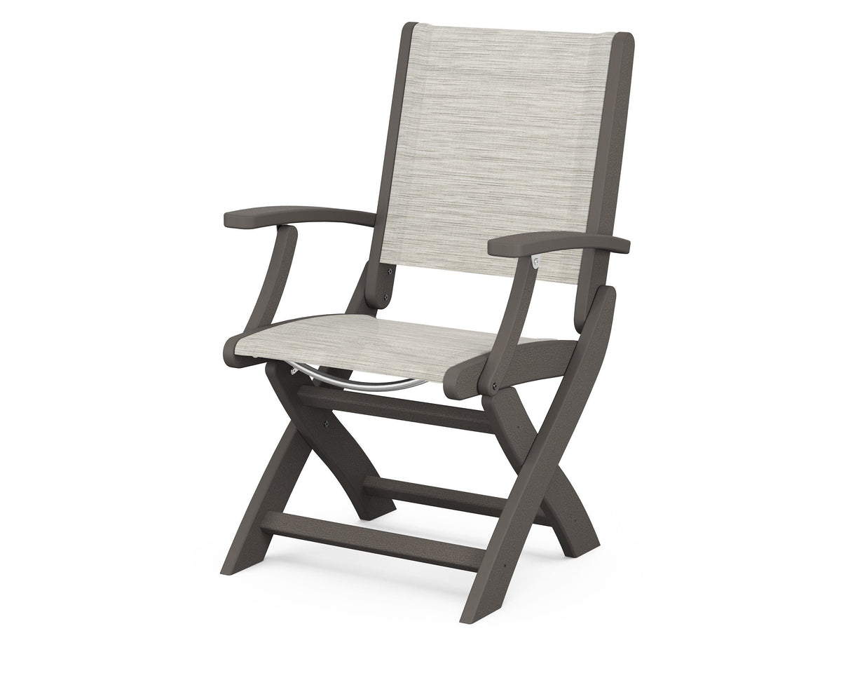 POLYWOOD Coastal Folding Chair in Vintage Coffee with Vintage Coffee arms and Birch sling