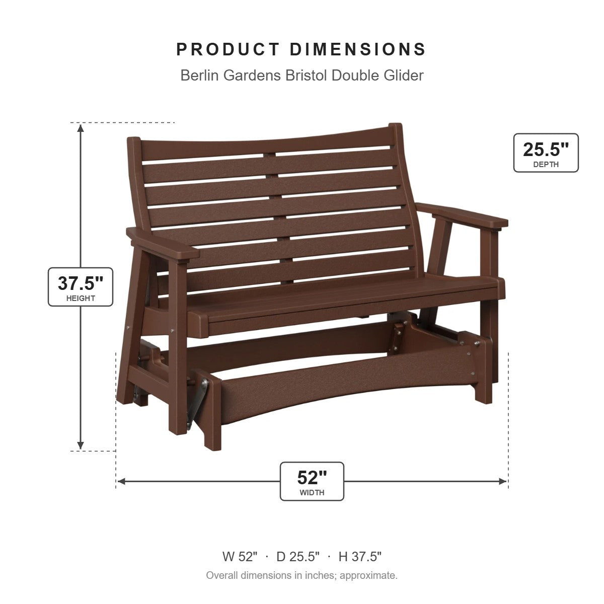 Berlin Gardens Bristol Double Glider dimensions: 52 in W x 25.5 in D x 37.5 in H