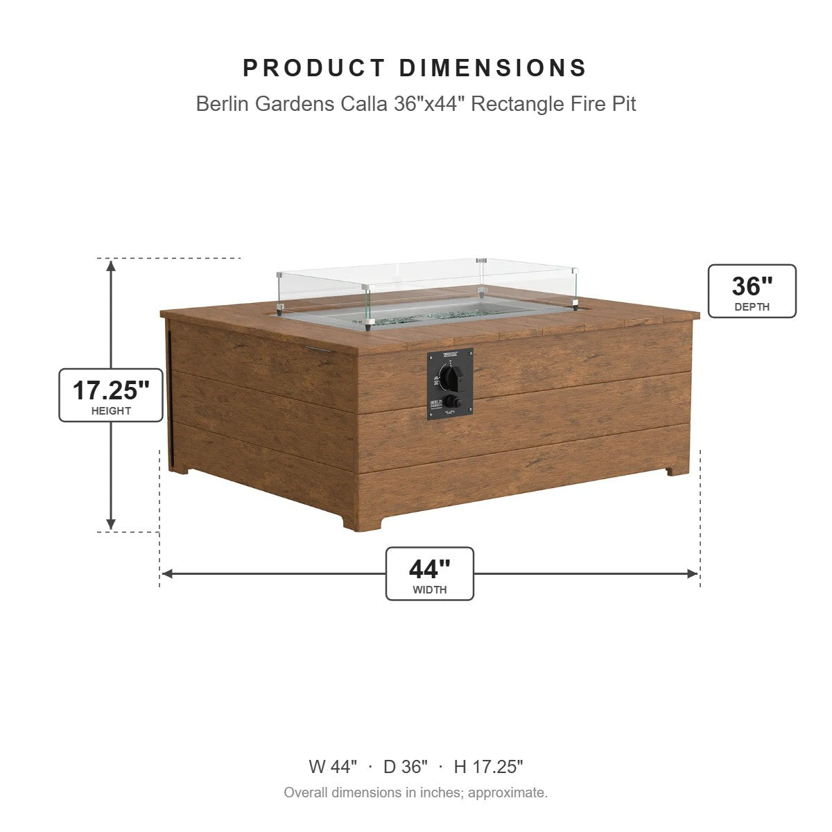 Berlin Gardens Calla 36"x44" Rectangle Fire Pit dimensions: 44 in W x 36 in D x 17.25 in H