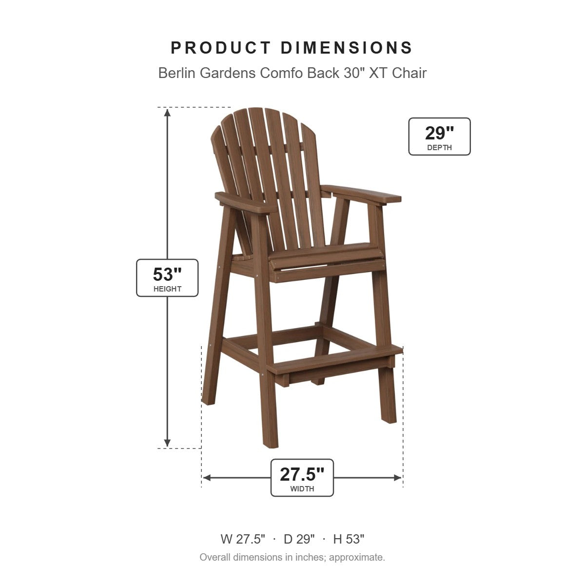 Berlin Gardens Comfo Back 30" XT Chair dimensions: 27.5 in W x 29 in D x 53 in H