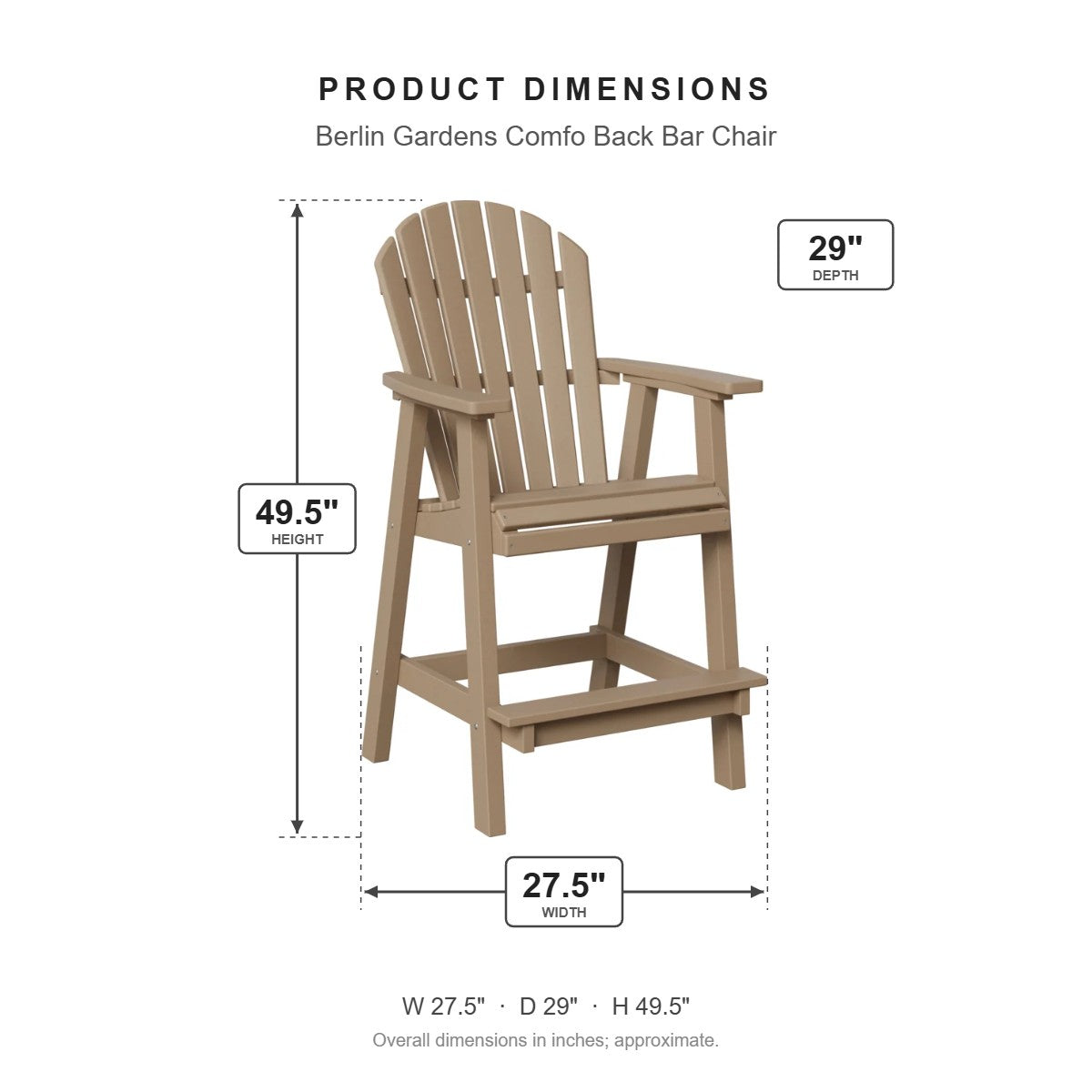 Berlin Gardens Comfo Back Bar Chair dimensions: 27.5 in W x 29 in D x 49.5 in H
