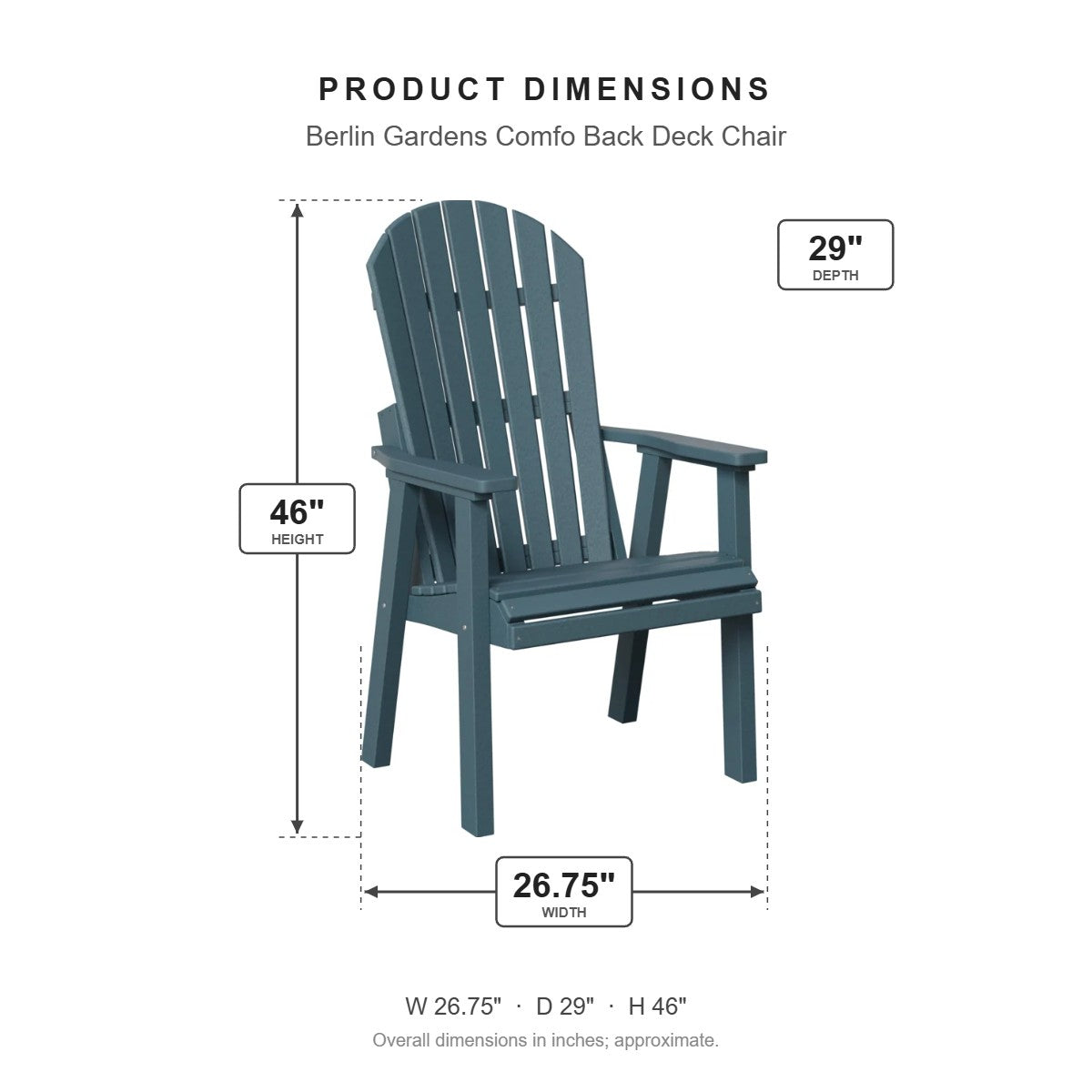 Berlin Gardens Comfo Back Deck Chair dimensions: 26.75 in W x 29 in D x 46 in H