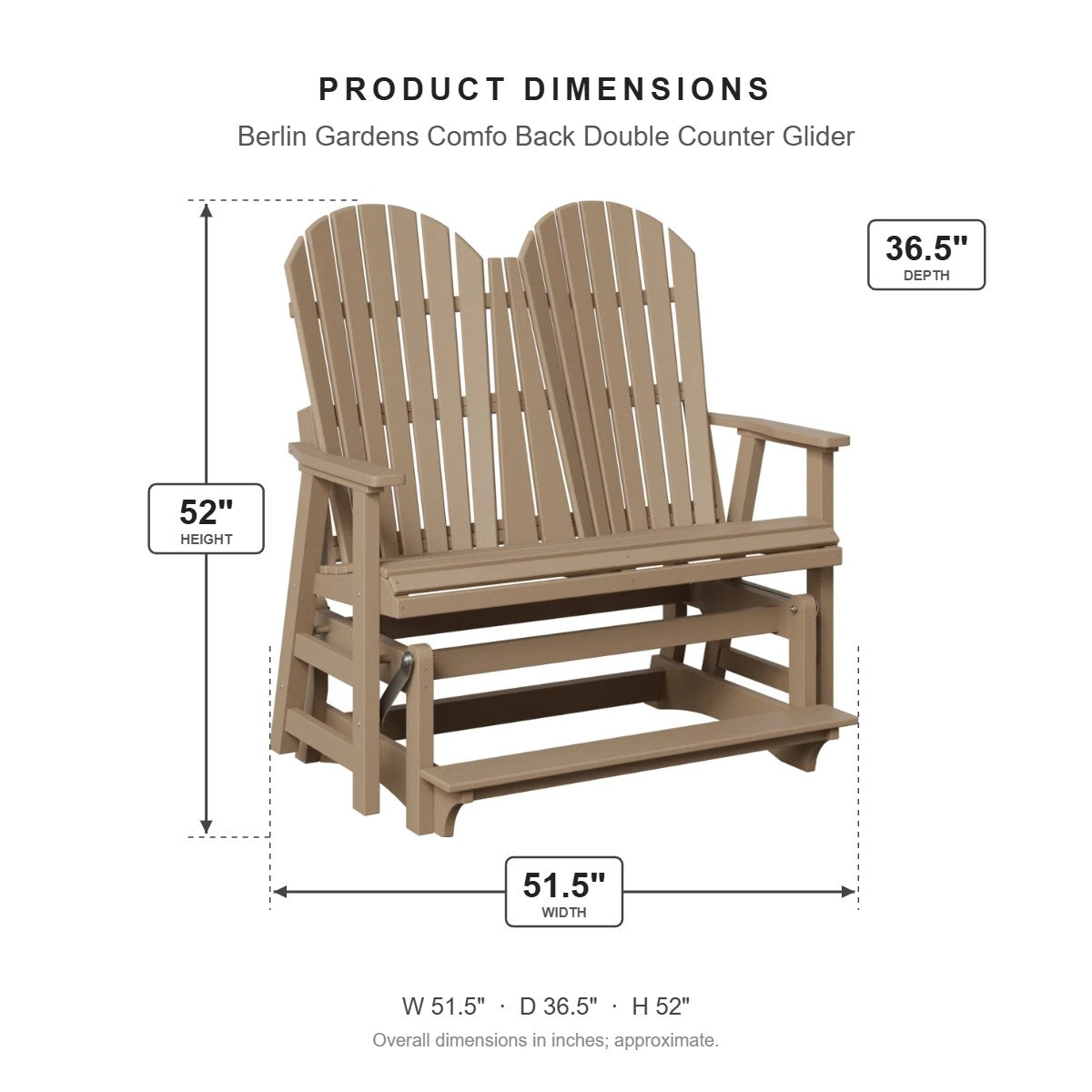 Berlin Gardens Comfo Back Double Counter Glider dimensions: 51.5 in W x 36.5 in D x 52 in H