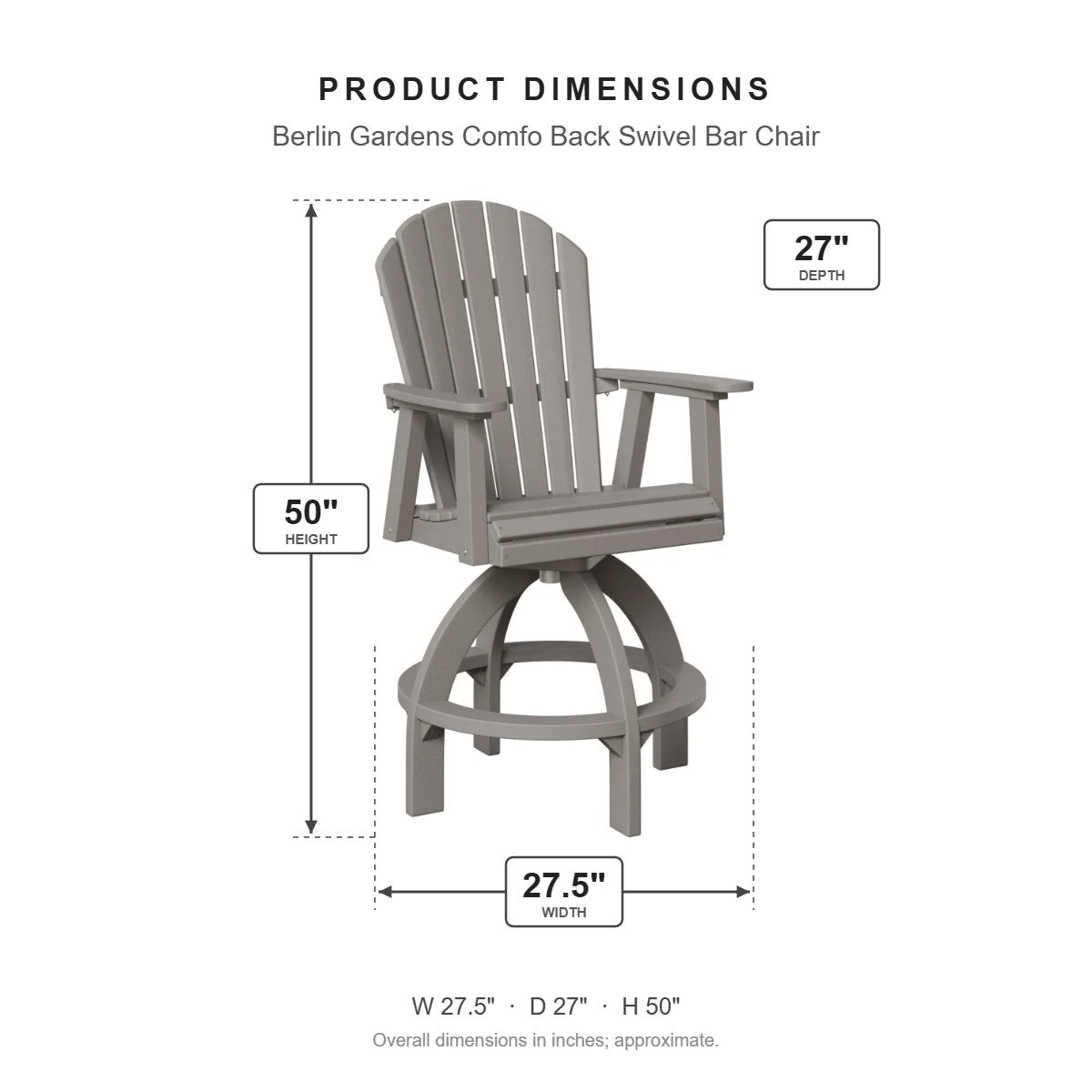 Berlin Gardens Comfo Back Swivel Bar Chair dimensions: 27.5 in W x 27 in D x 50 in H