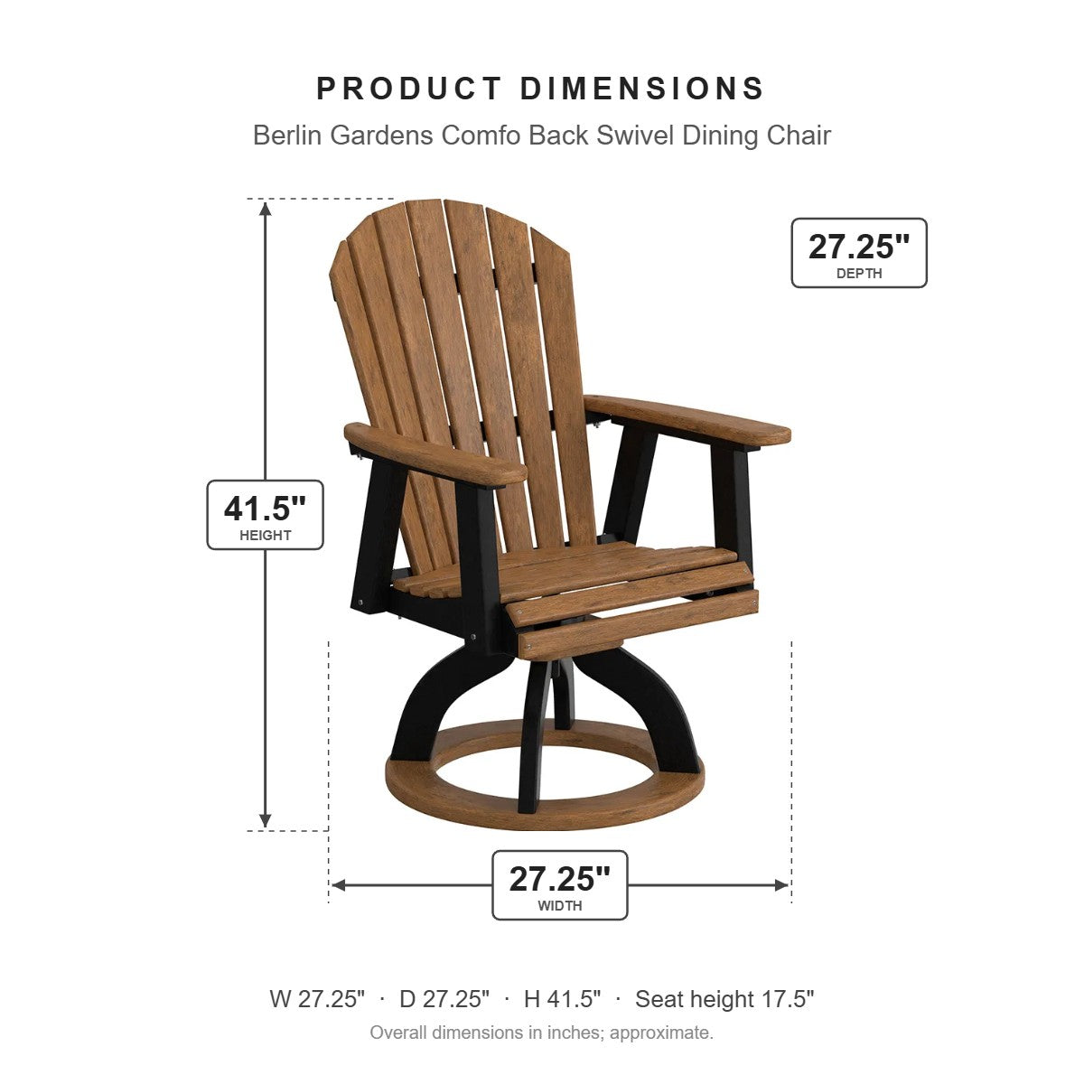 Berlin Gardens Comfo Back Swivel Dining Chair dimensions: 27.25 in W x 27.25 in D x 41.5 in H