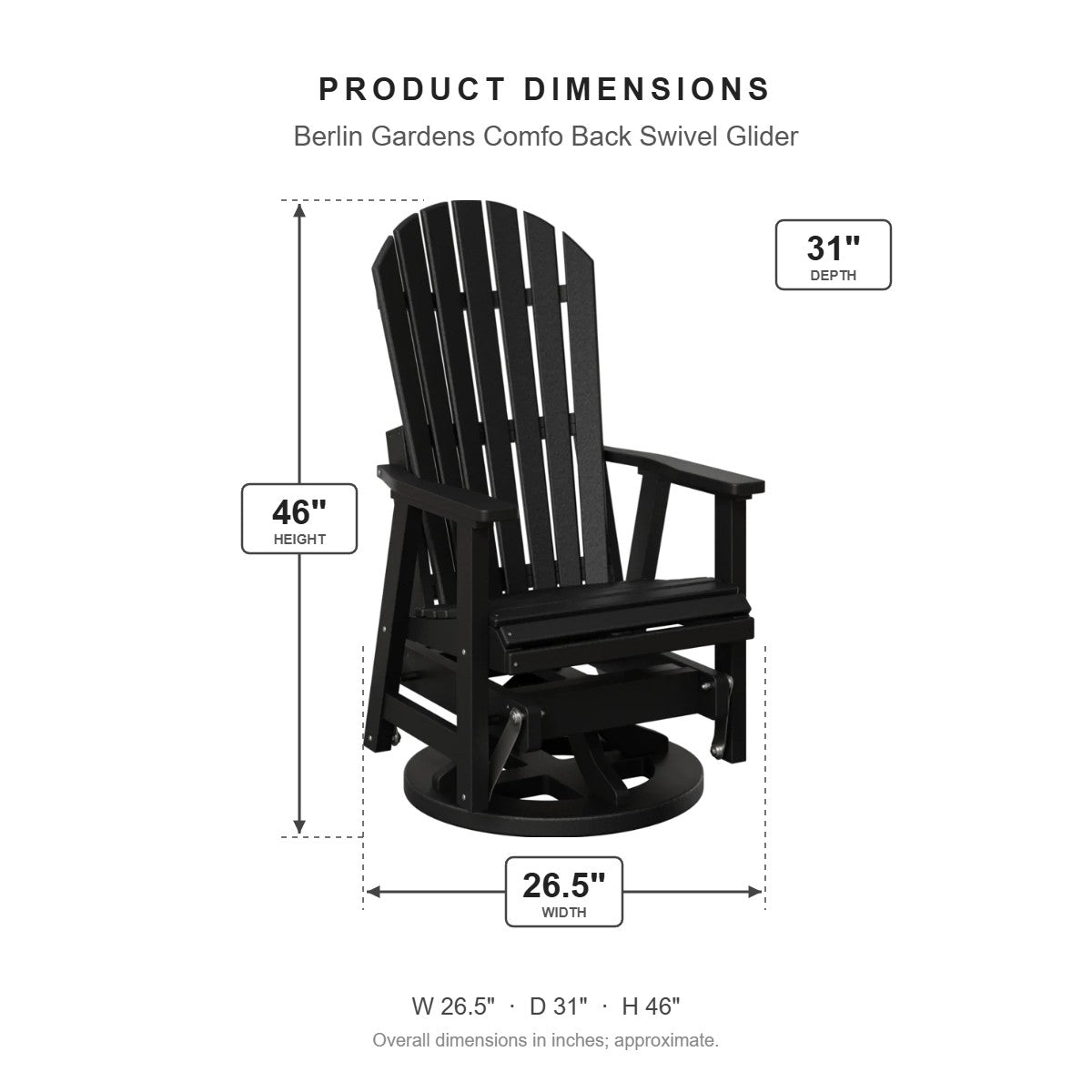 Berlin Gardens Comfo Back Swivel Glider dimensions: 26.5 in W x 31 in D x 46 in H