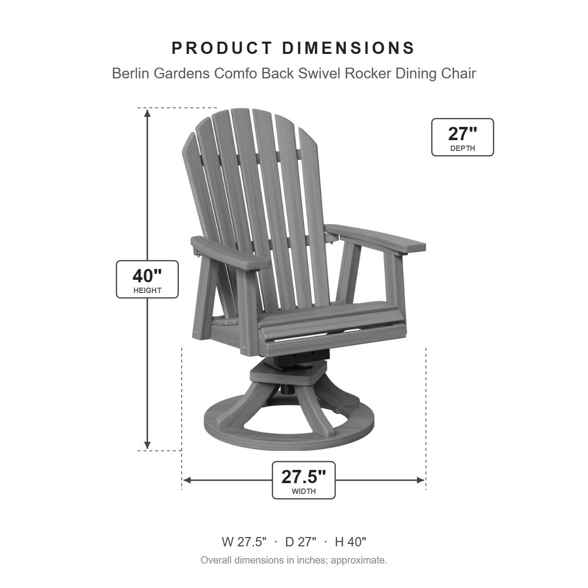 Berlin Gardens Comfo Back Swivel Rocker Dining Chair dimensions