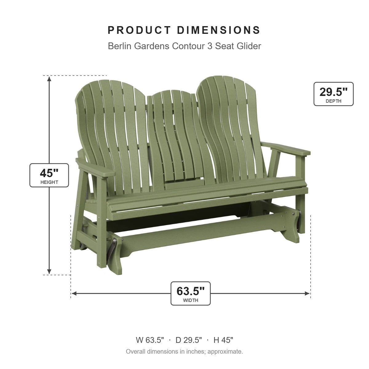 Berlin Gardens Contour 3 Seat Glider dimensions: 63.5 in W x 29.5 in D x 45 in H