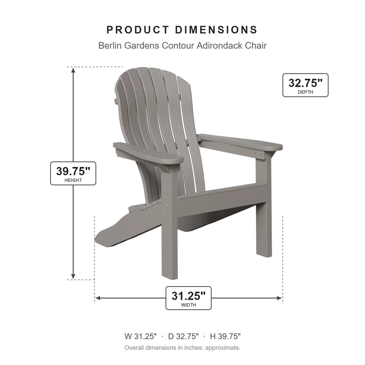 Berlin Gardens Contour Adirondack Chair dimensions: 31.25 in W x 32.75 in D x 39.75 in H