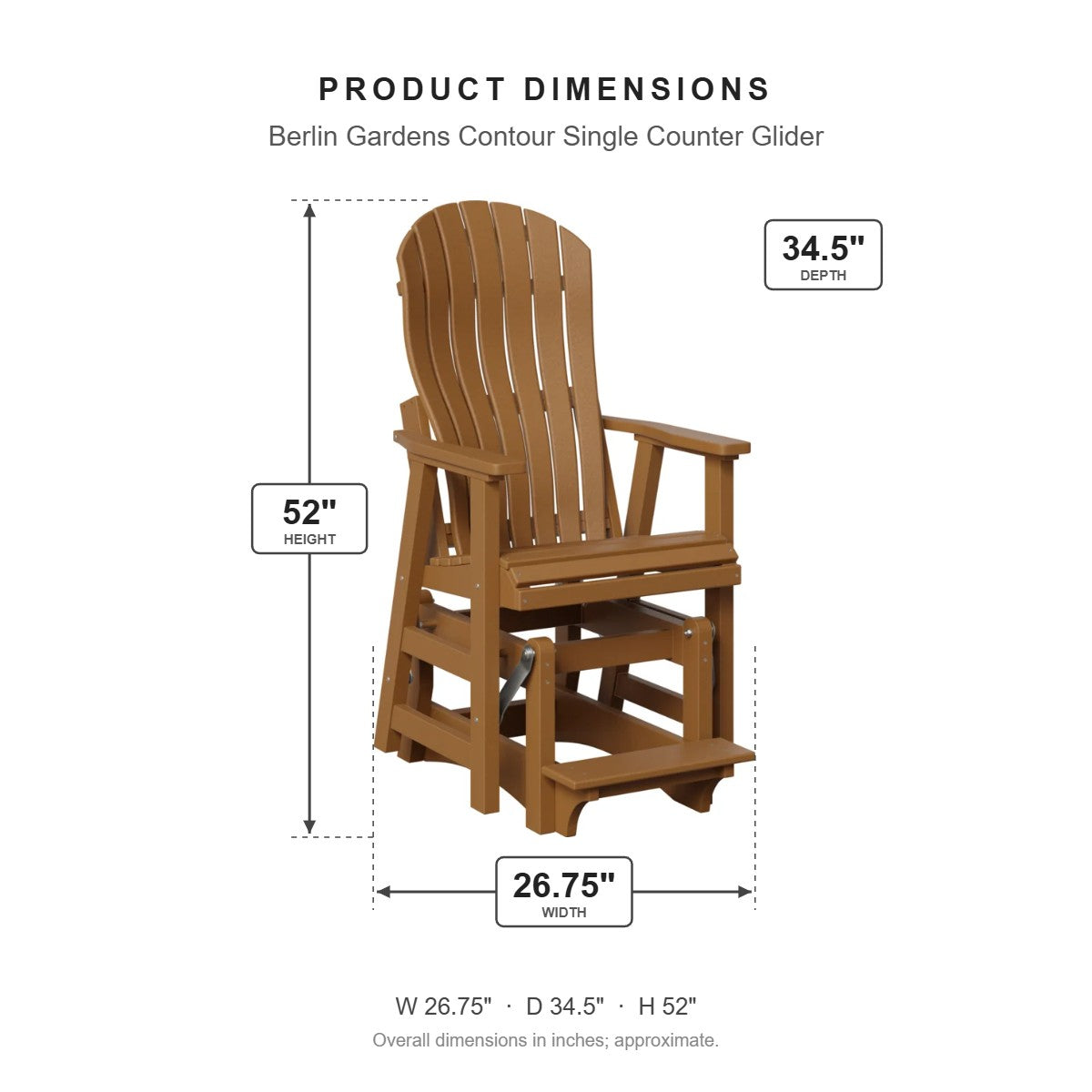 Berlin Gardens Contour Single Counter Glider dimensions: 26.75 in W x 34.5 in D x 52 in H