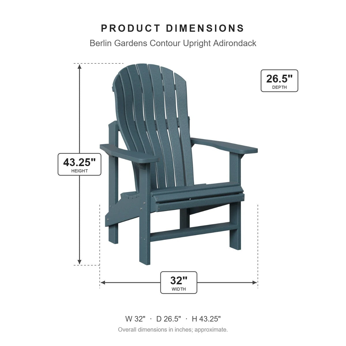 Berlin Gardens Contour Upright Adirondack dimensions: 32 in W x 26.5 in D x 43.25 in H