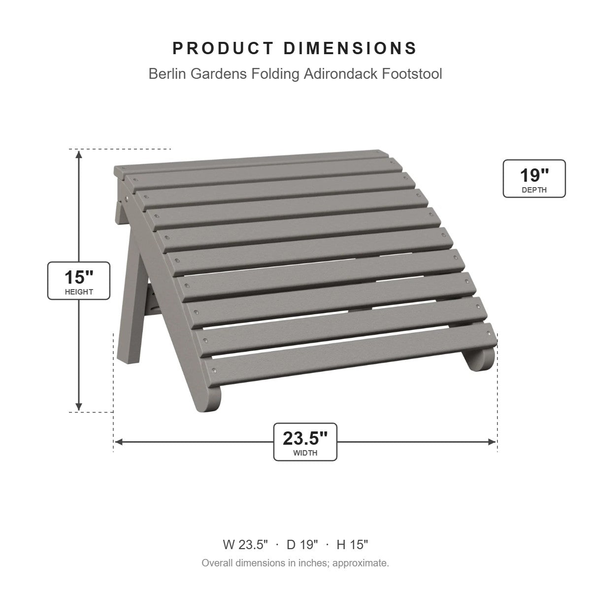 Berlin Gardens Folding Adirondack Footstool dimensions: 23.5 in W x 19 in D x 15 in H