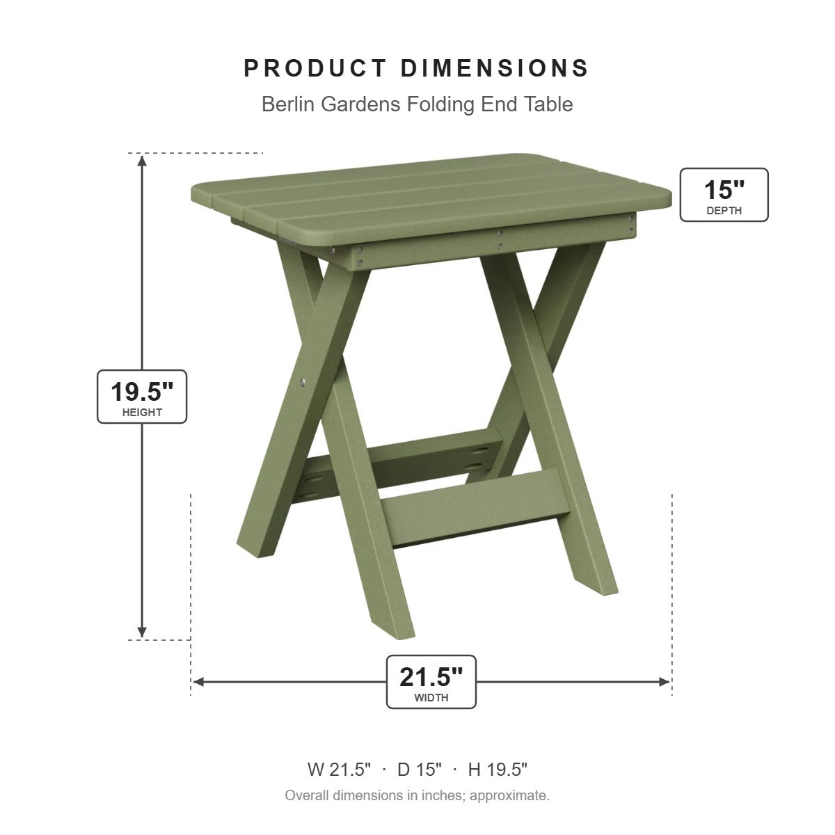Berlin Gardens Folding End Table dimensions: 21.5 in W x 15 in D x 19.5 in H