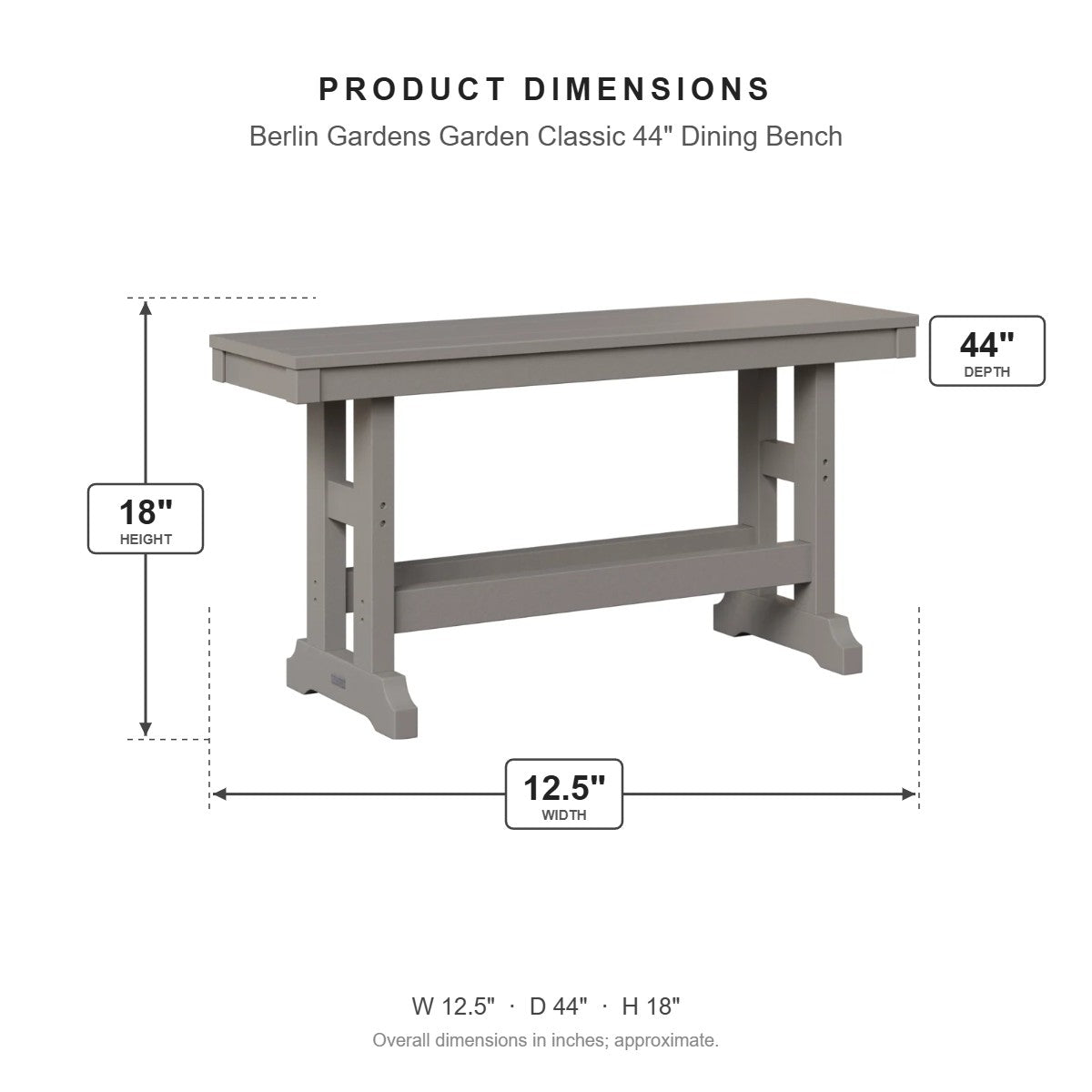 Berlin Gardens Garden Classic 44" Dining Bench dimensions: 12.5 in W x 44 in D x 18 in H