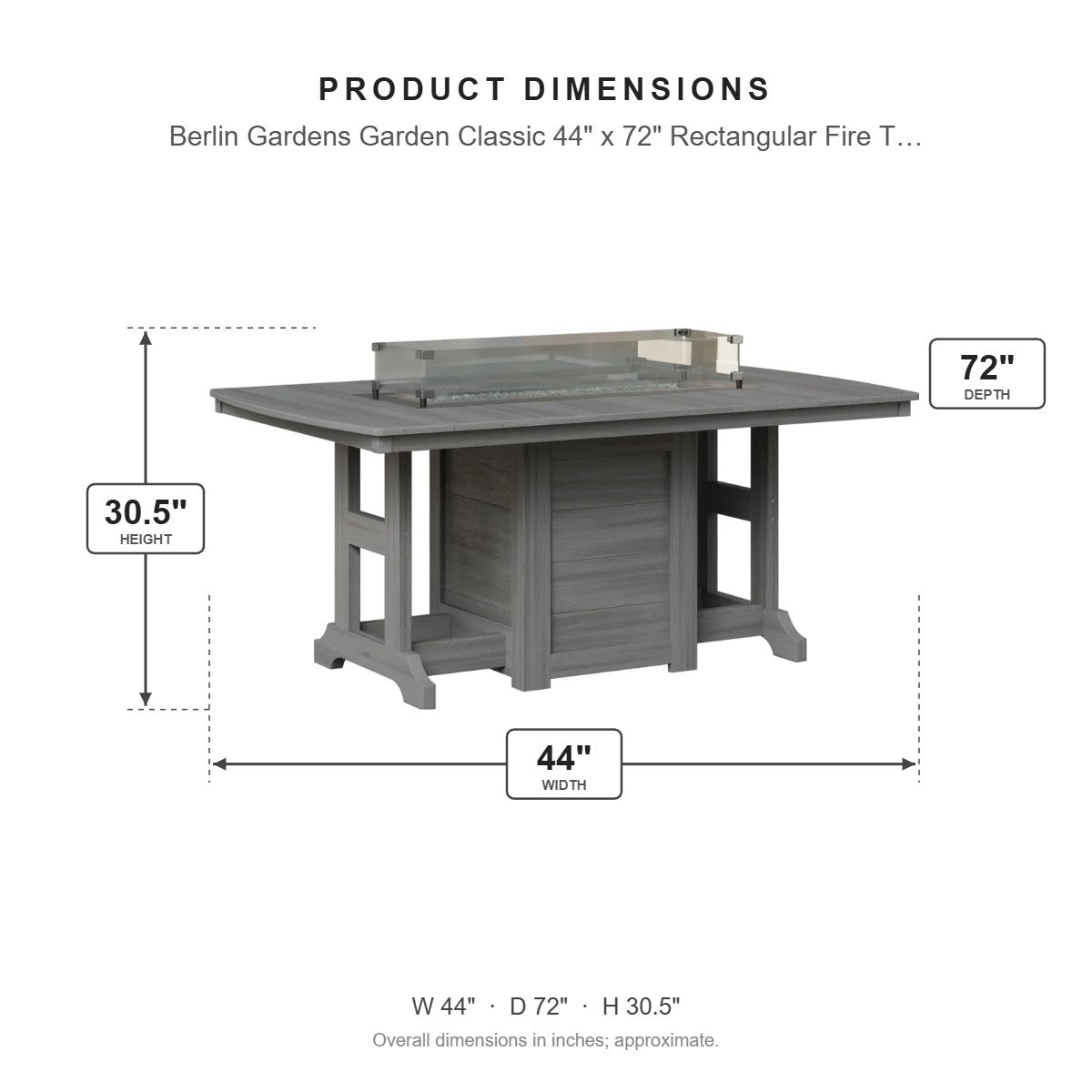 Berlin Gardens Garden Classic 44" x 72" Rectangular Fire Table dimensions: 44 in W x 72 in D x 30.375 in H