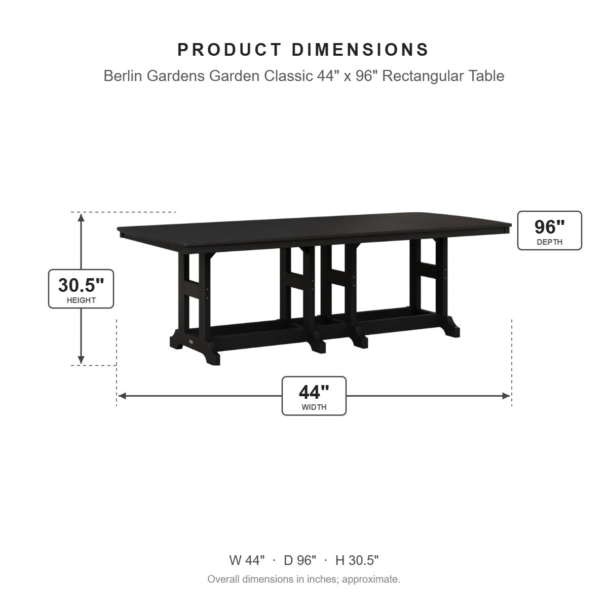 Berlin Gardens Garden Classic 44" x 96" Rectangular Table dimensions