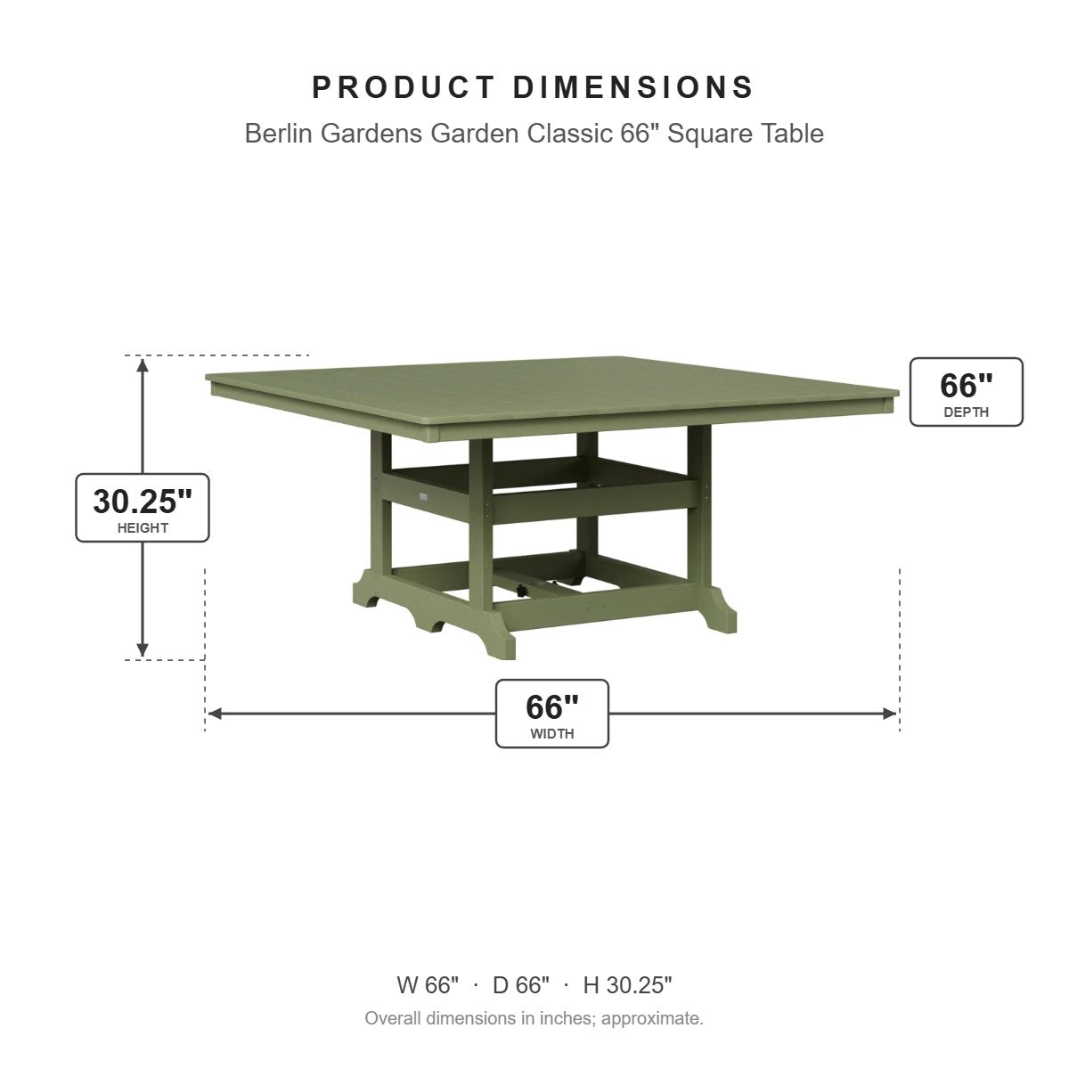 Berlin Gardens Garden Classic 66" Square Table dimensions: 66 in W x 66 in D x 30.25 in H