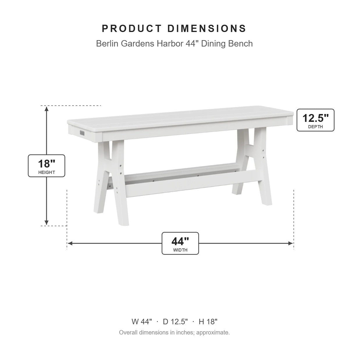 Berlin Gardens Harbor 44" Dining Bench dimensions: 44 in W x 12.5 in D x 18 in H