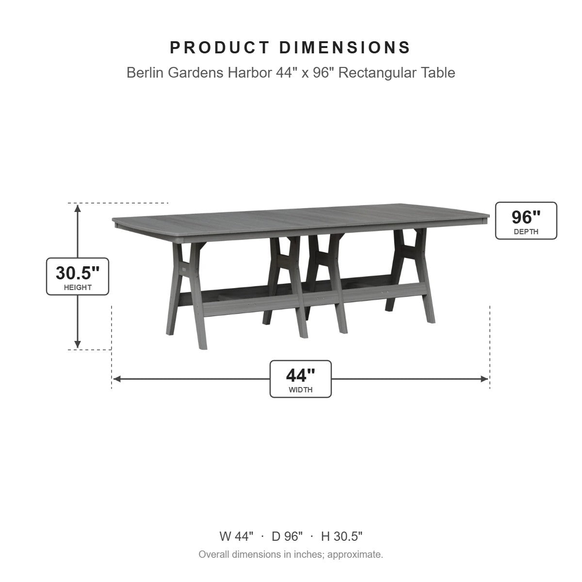 Berlin Gardens Harbor 44" x 96" Rectangular Table dimensions: 44 in W x 96 in D x 30.375 in H