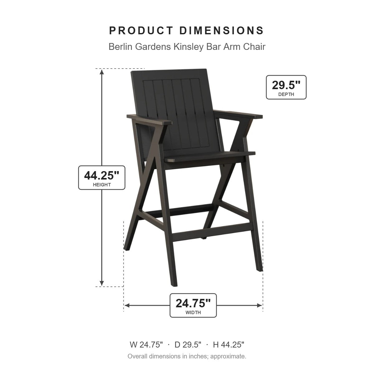Berlin Gardens Kinsley Bar Arm Chair dimensions: 24.75 in W x 29.5 in D x 44.25 in H