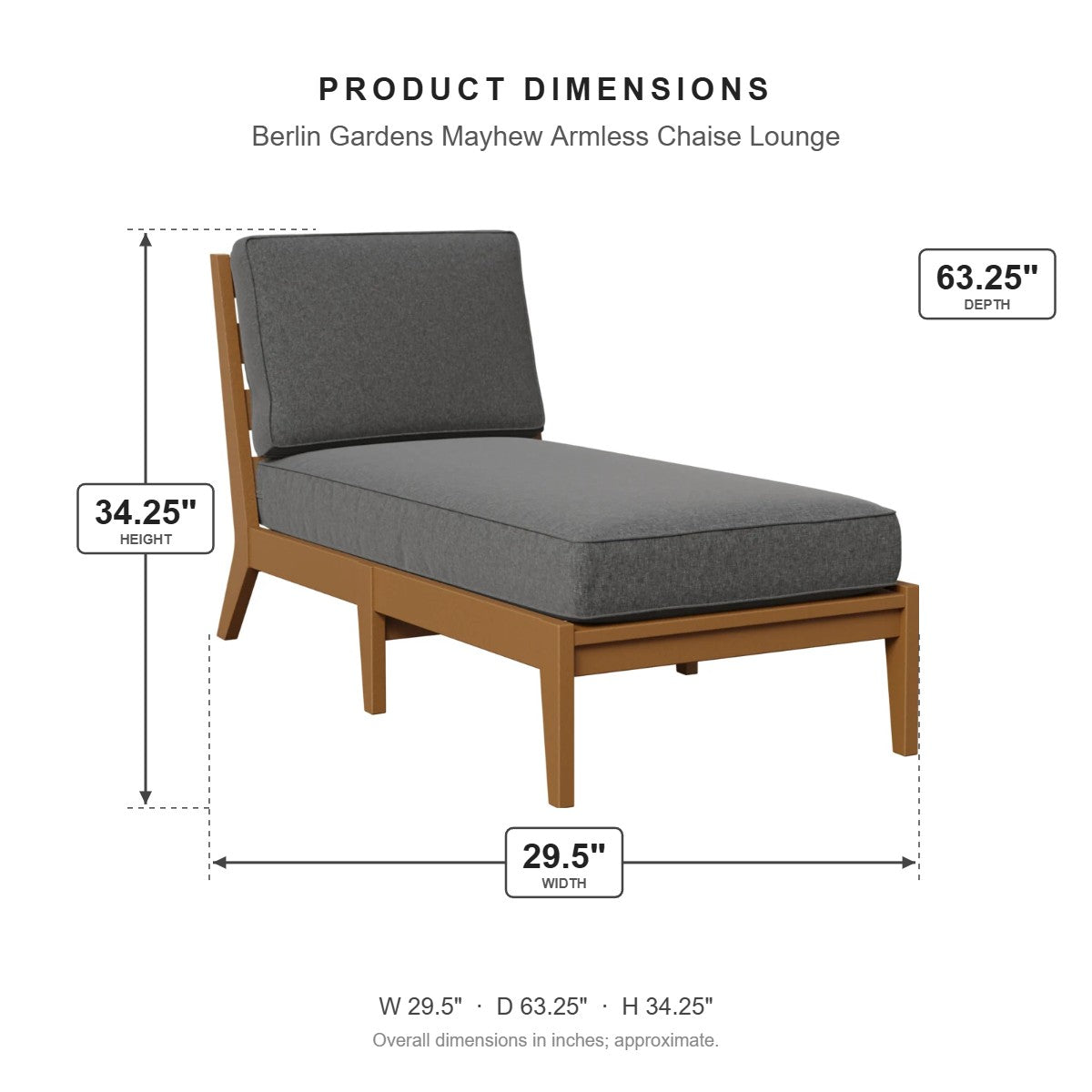 Berlin Gardens Mayhew Armless Chaise Lounge dimensions: 29.5 in W x 63.25 in D x 34.25 in H