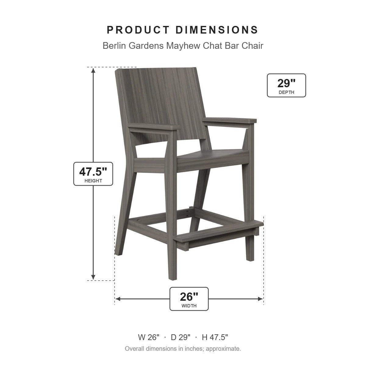 Berlin Gardens Mayhew Chat Bar Chair dimensions: 26 in W x 29 in D x 47.5 in H