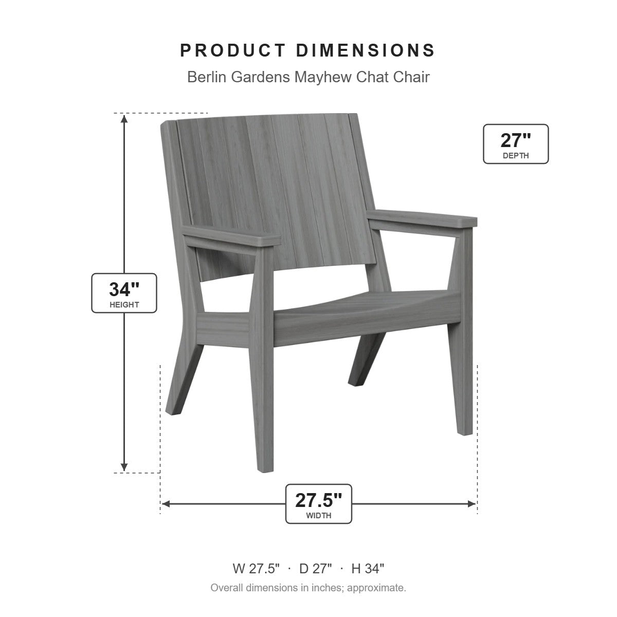 Berlin Gardens Mayhew Chat Chair dimensions: 27.5 in W x 27 in D x 34 in H