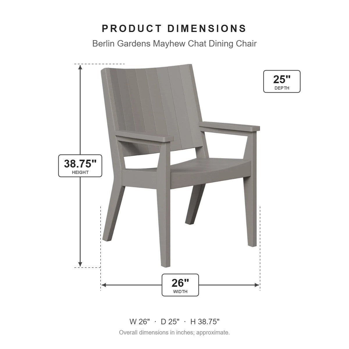 Berlin Gardens Mayhew Chat Dining Chair dimensions: 26 in W x 25 in D x 38.75 in H