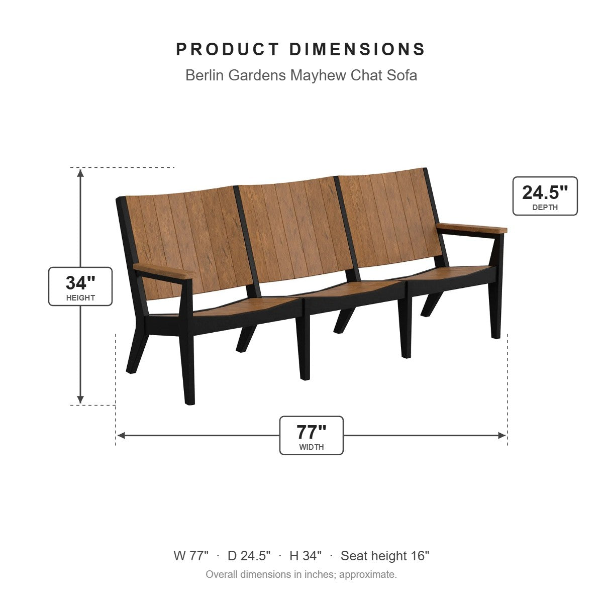 Berlin Gardens Mayhew Chat Sofa dimensions: 77 in W x 24.5 in D x 34 in H