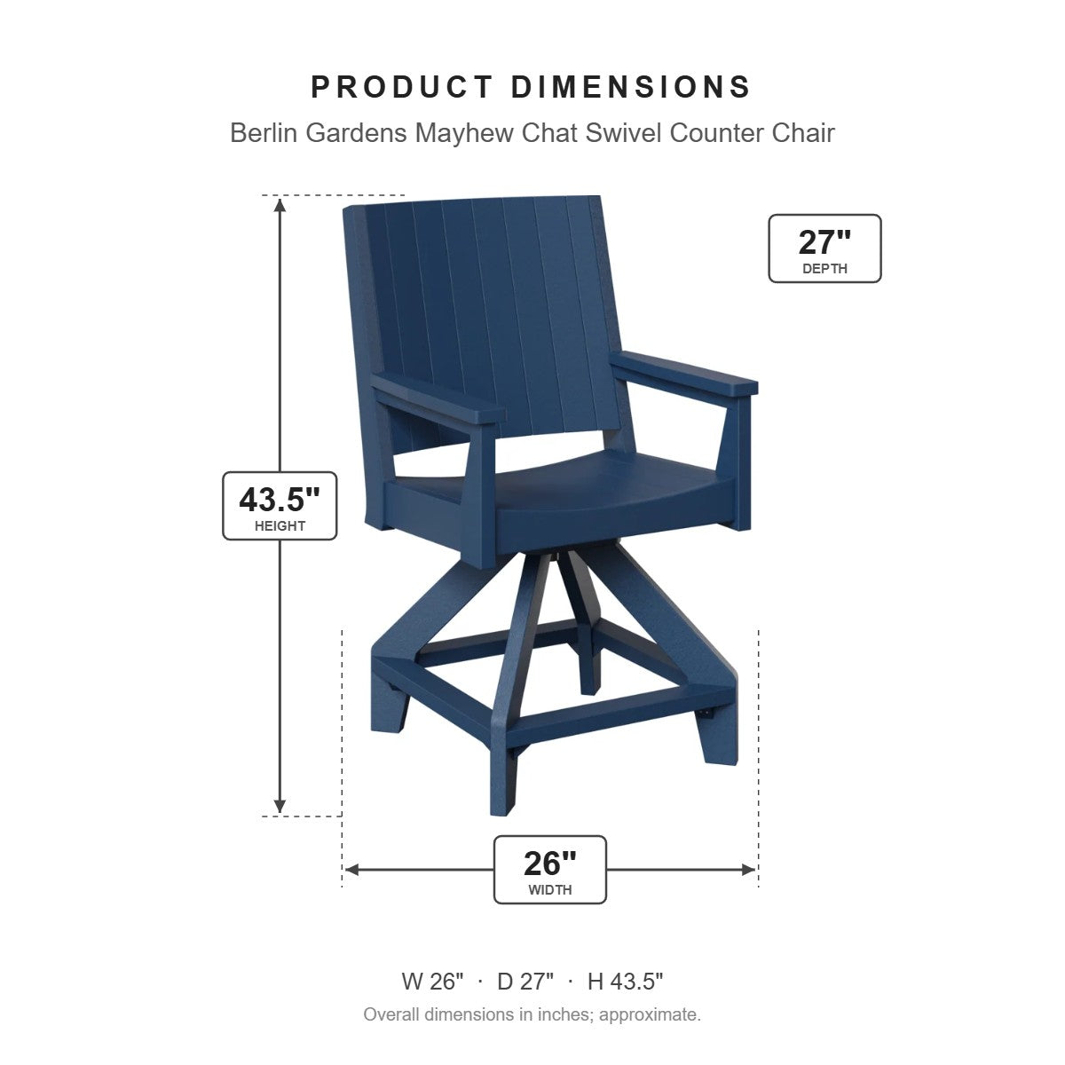 Berlin Gardens Mayhew Chat Swivel Counter Chair dimensions: 26 in W x 27 in D x 43.5 in H