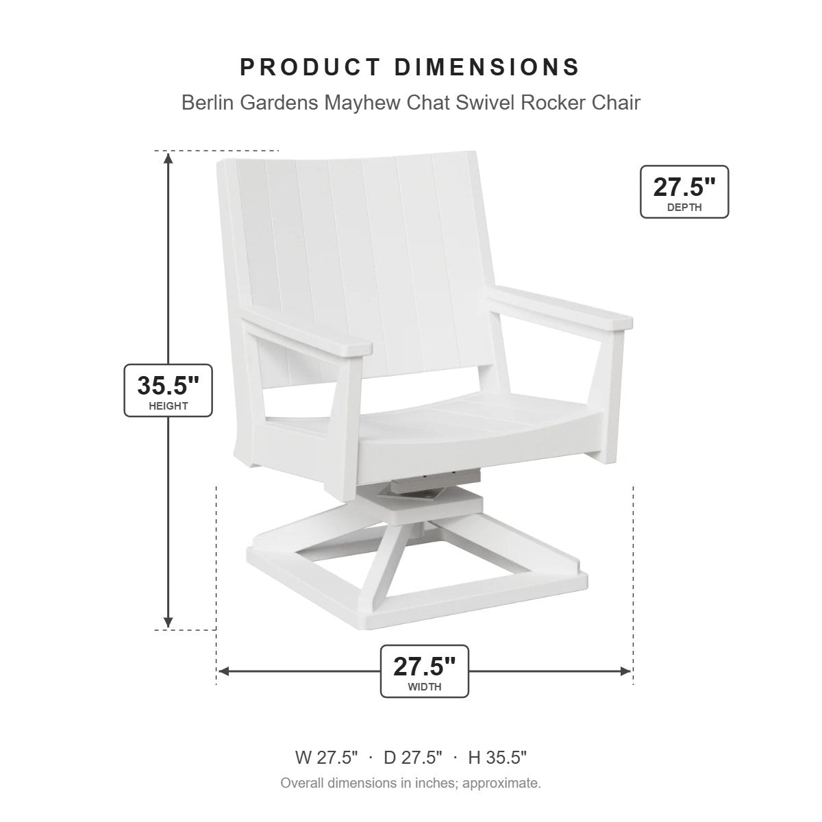 Berlin Gardens Mayhew Chat Swivel Rocker Chair dimensions: 27.5 in W x 27.5 in D x 35.5 in H
