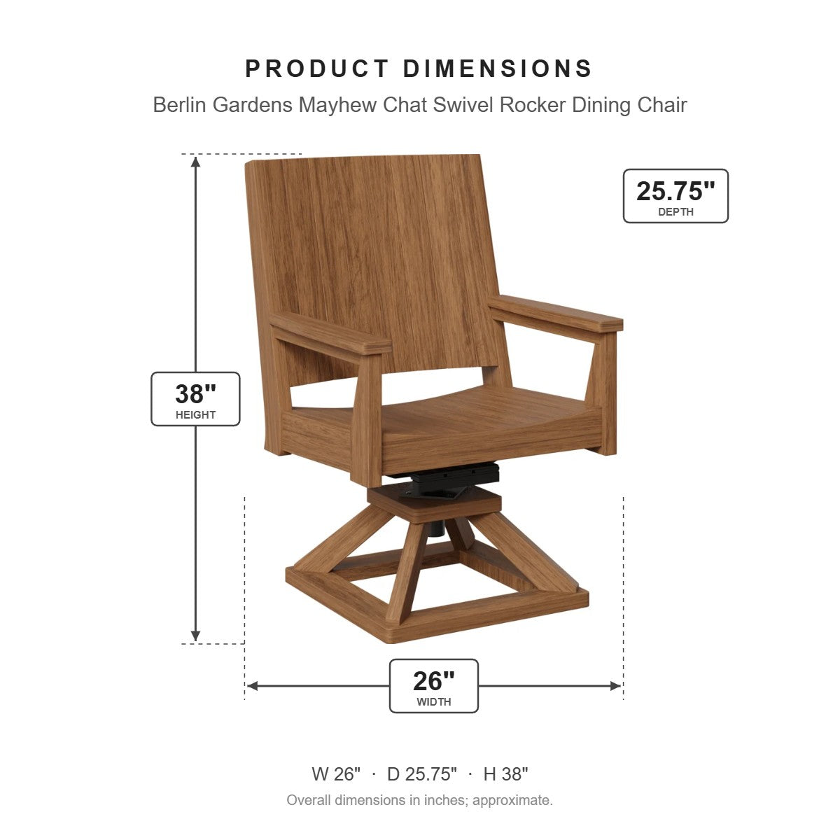 Berlin Gardens Mayhew Chat Swivel Rocker Dining Chair dimensions: 26 in W x 25.75 in D x 38 in H