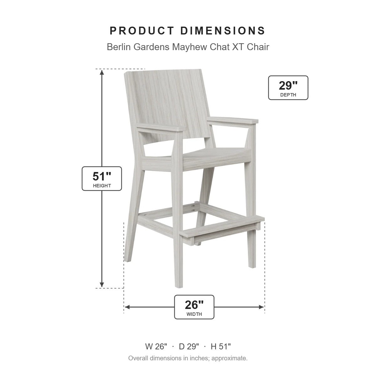 Berlin Gardens Mayhew Chat XT Chair dimensions: 26 in W x 29 in D x 51 in H