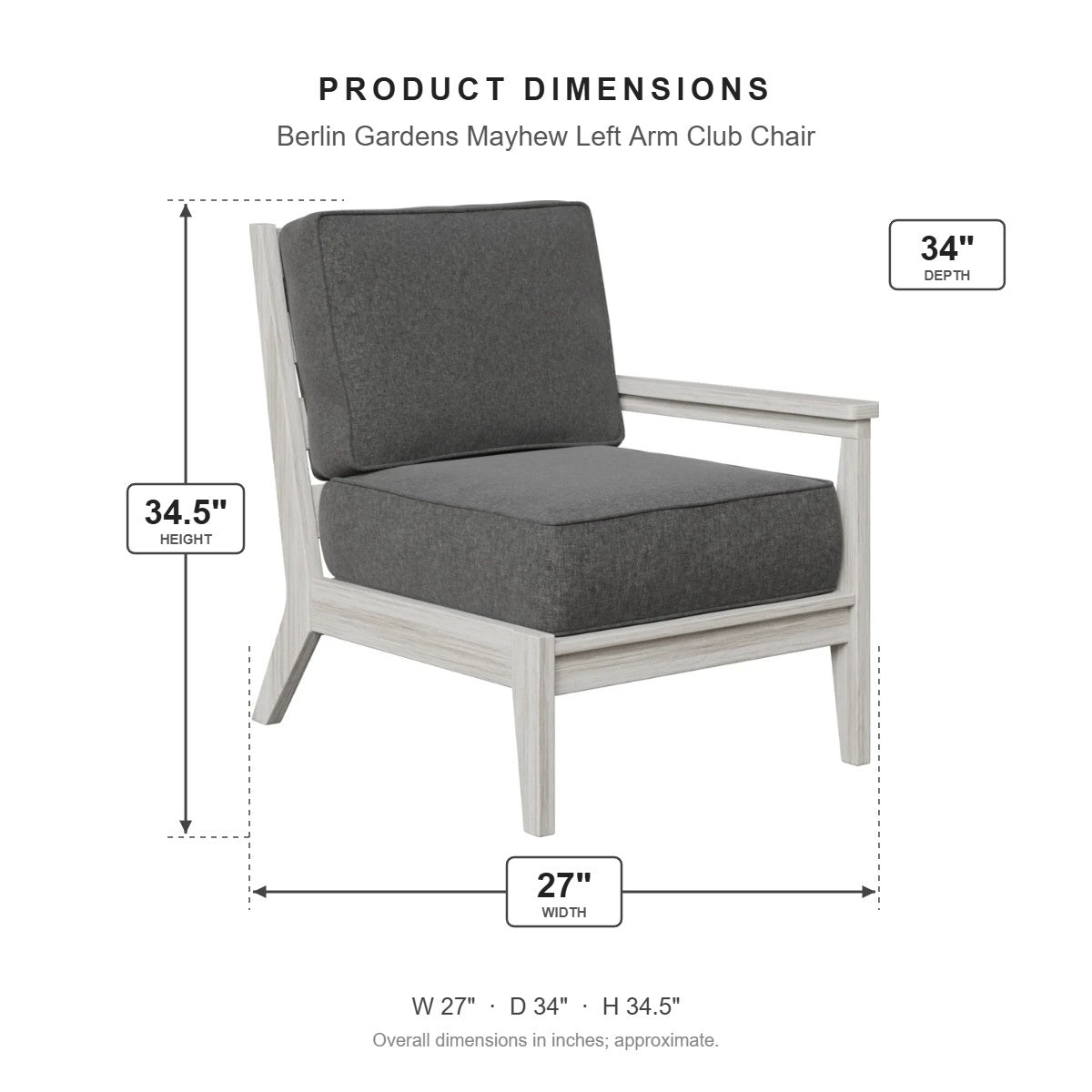 Berlin Gardens Mayhew Left Arm Club Chair dimensions: 27 in W x 34 in D x 34.5 in H