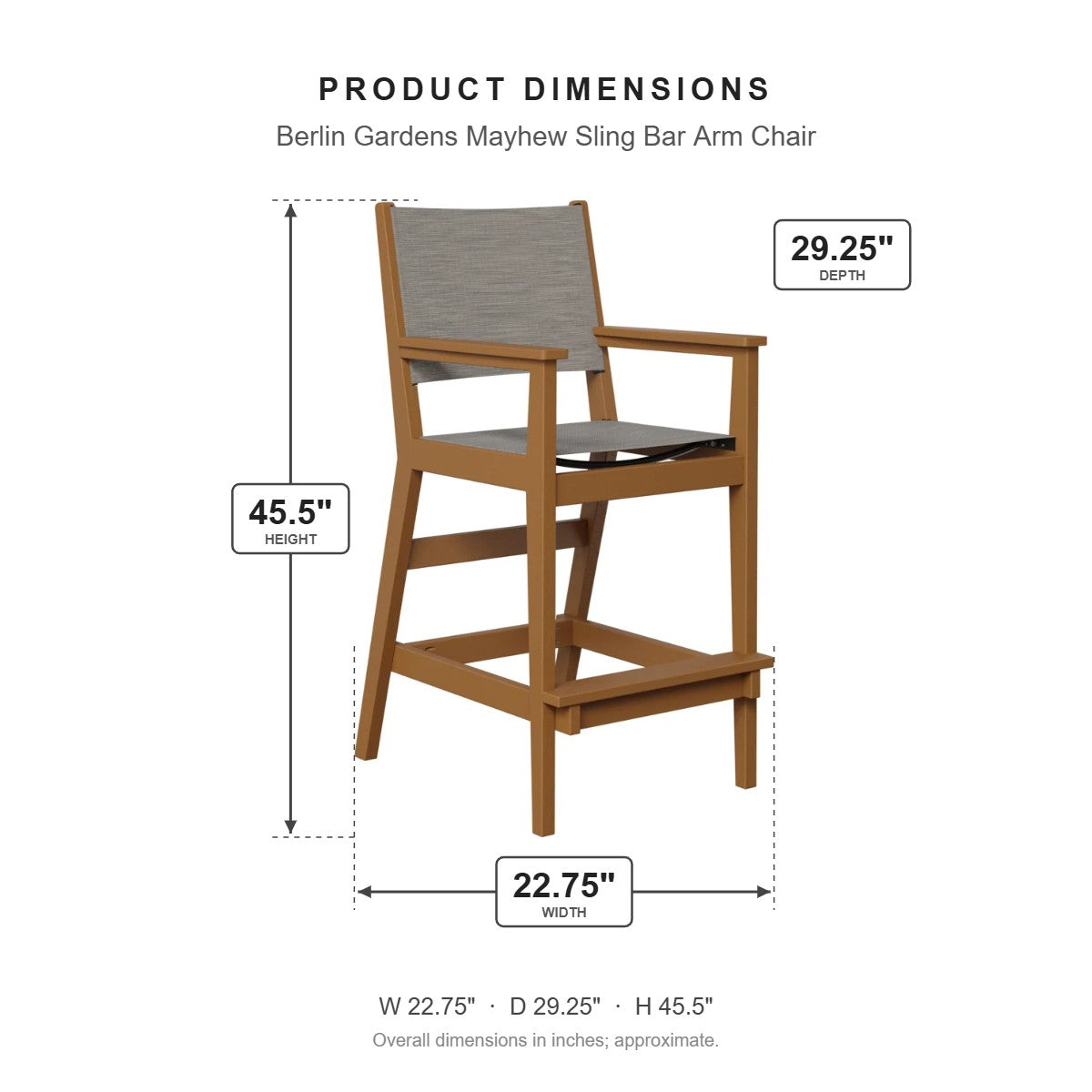Berlin Gardens Mayhew Sling Bar Arm Chair dimensions: 22.75 in W x 29.25 in D x 45.5 in H
