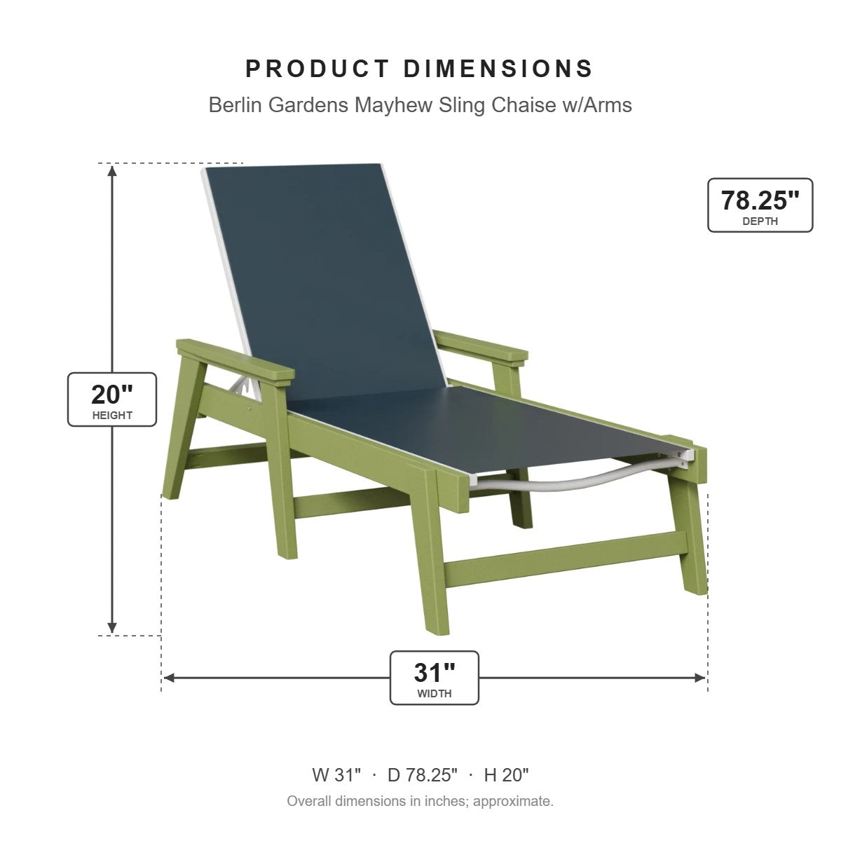 Berlin Gardens Mayhew Sling Chaise w/Arms dimensions: 31 in W x 78.125 in D x 20 in H