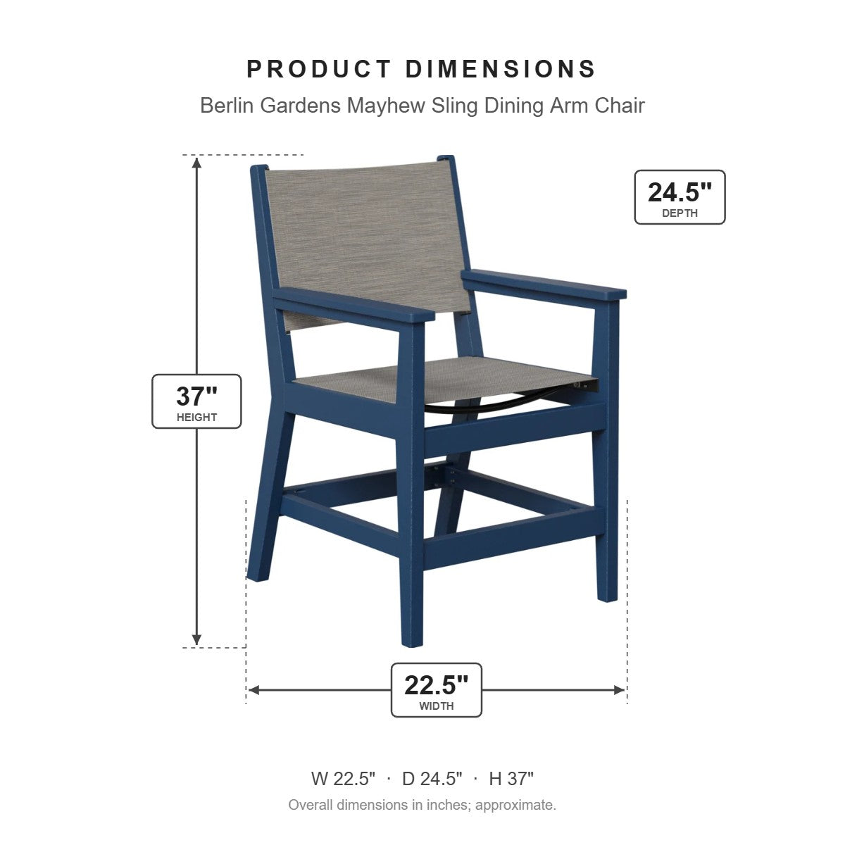 Berlin Gardens Mayhew Sling Dining Arm Chair dimensions: 22.5 in W x 24.5 in D x 37 in H