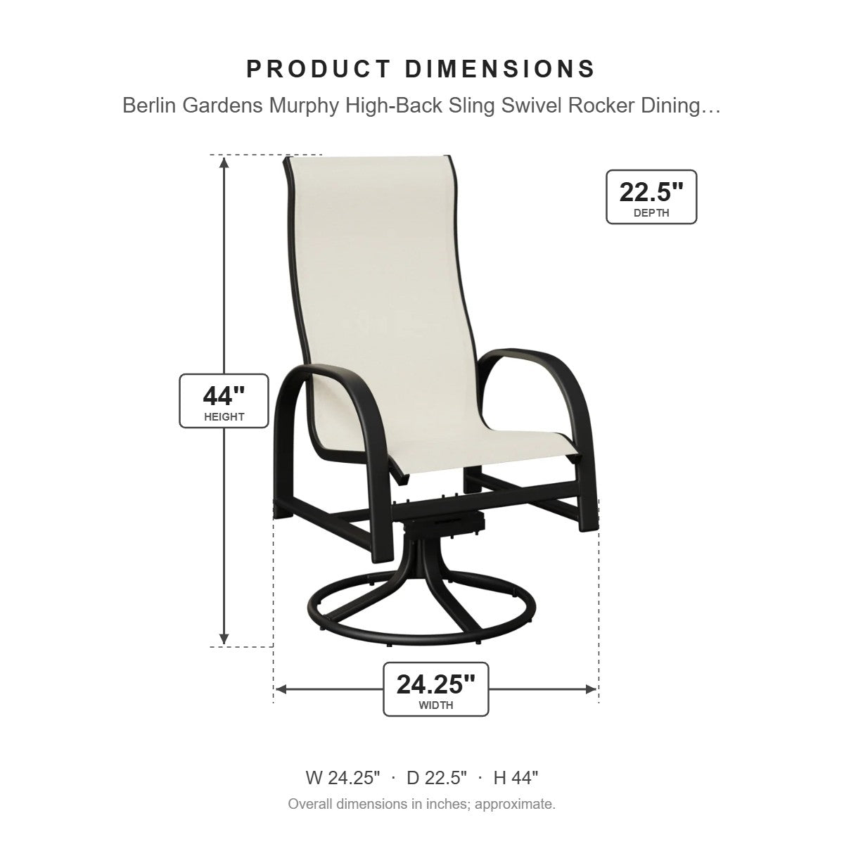 Berlin Gardens Murphy High-Back Sling Swivel Rocker Dining Chair dimensions: 24.25 in W x 22.5 in D x 44 in H