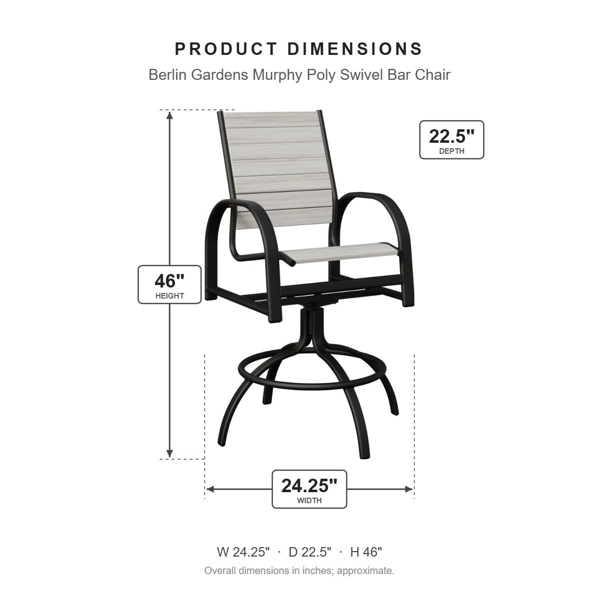 Berlin Gardens Murphy Poly Swivel Bar Chair dimensions: 24.25 in W x 22.5 in D x 46 in H