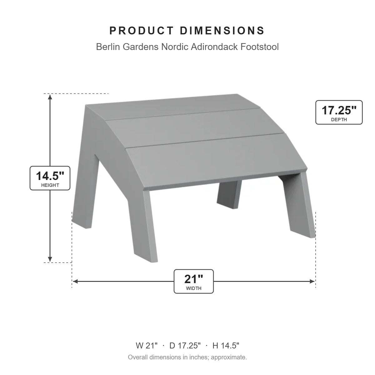 Berlin Gardens Nordic Adirondack Footstool dimensions: 21 in W x 17.25 in D x 14.5 in H