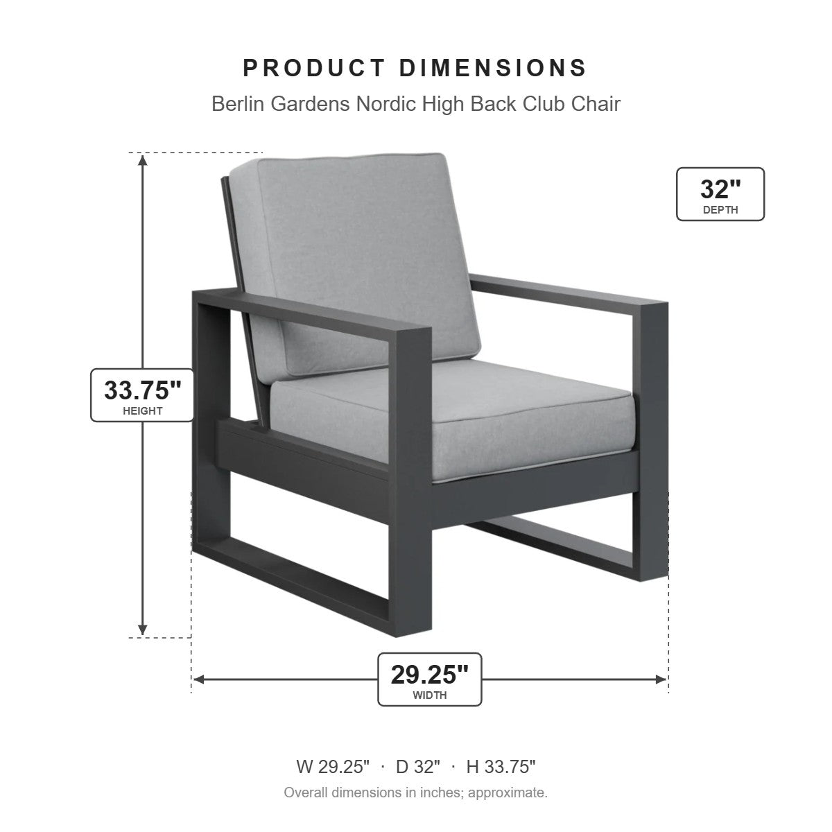 Berlin Gardens Nordic High Back Club Chair dimensions: 29.25 in W x 32 in D x 33.75 in H