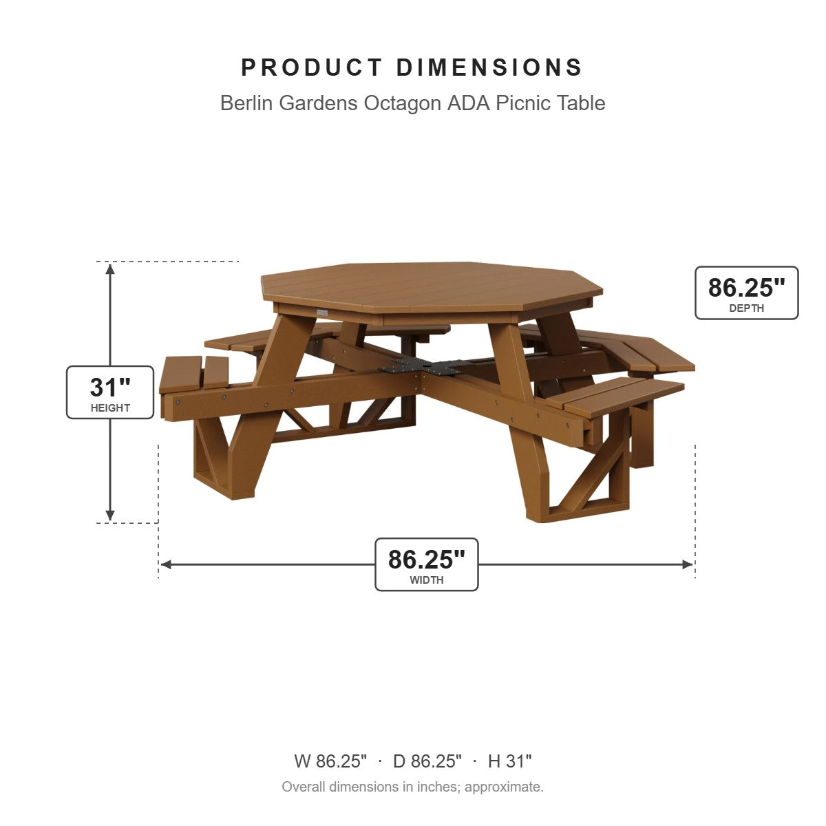 Berlin Gardens Octagon ADA Picnic Table dimensions: 86.25 in W x 86.25 in D x 30.875 in H