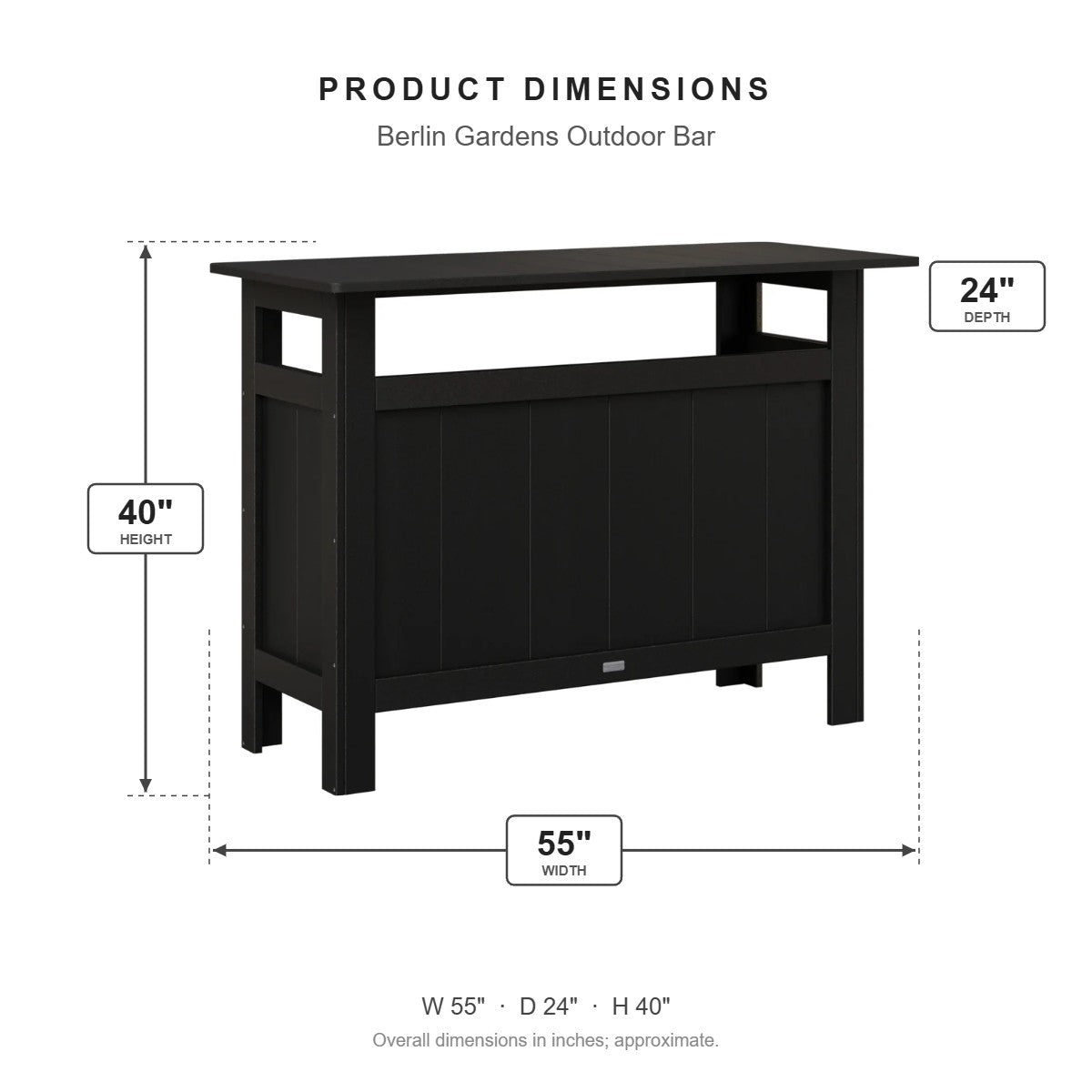 Berlin Gardens Outdoor Bar dimensions: 55 in W x 24 in D x 40 in H