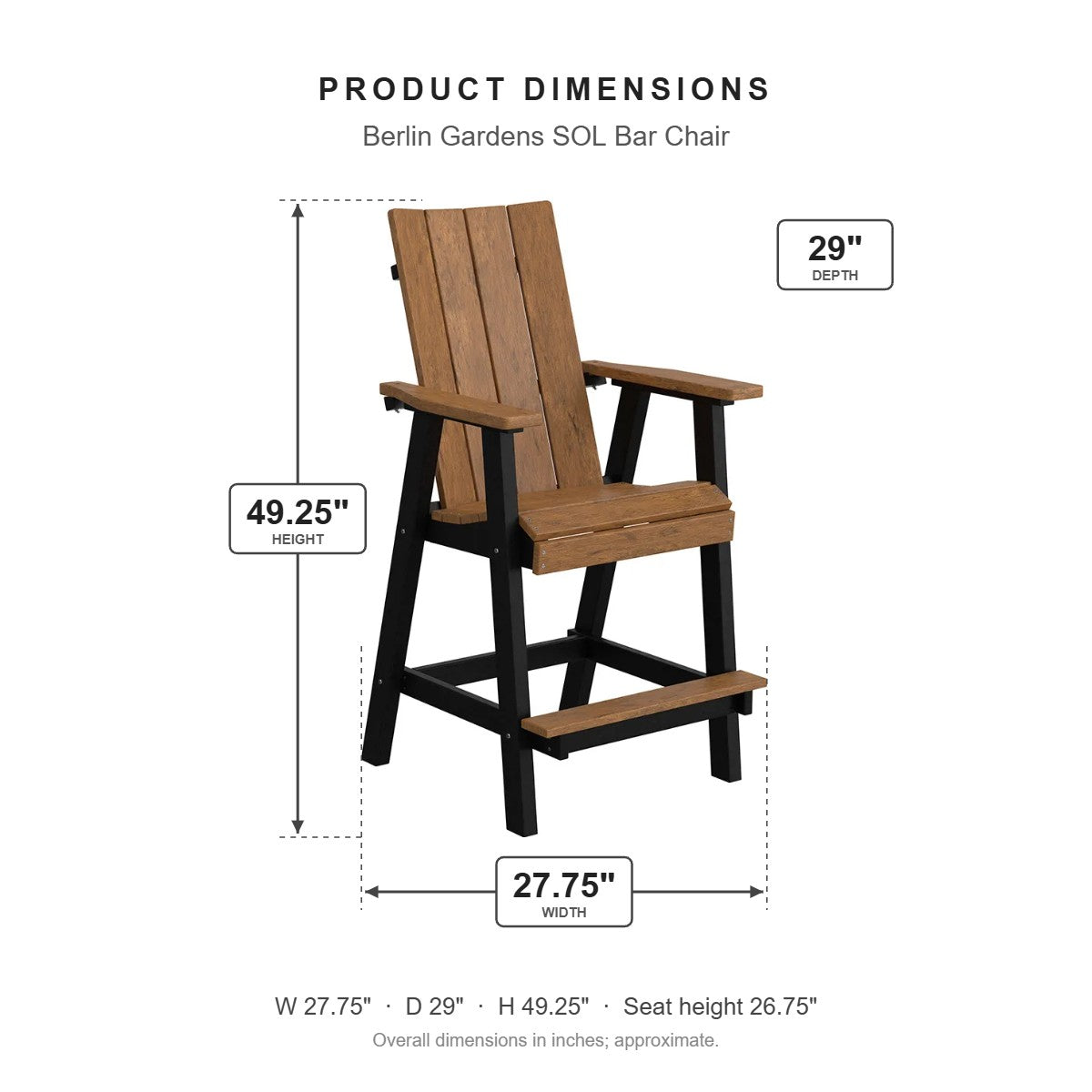 Berlin Gardens SOL Bar Chair dimensions: 27.75 in W x 29 in D x 49.25 in H