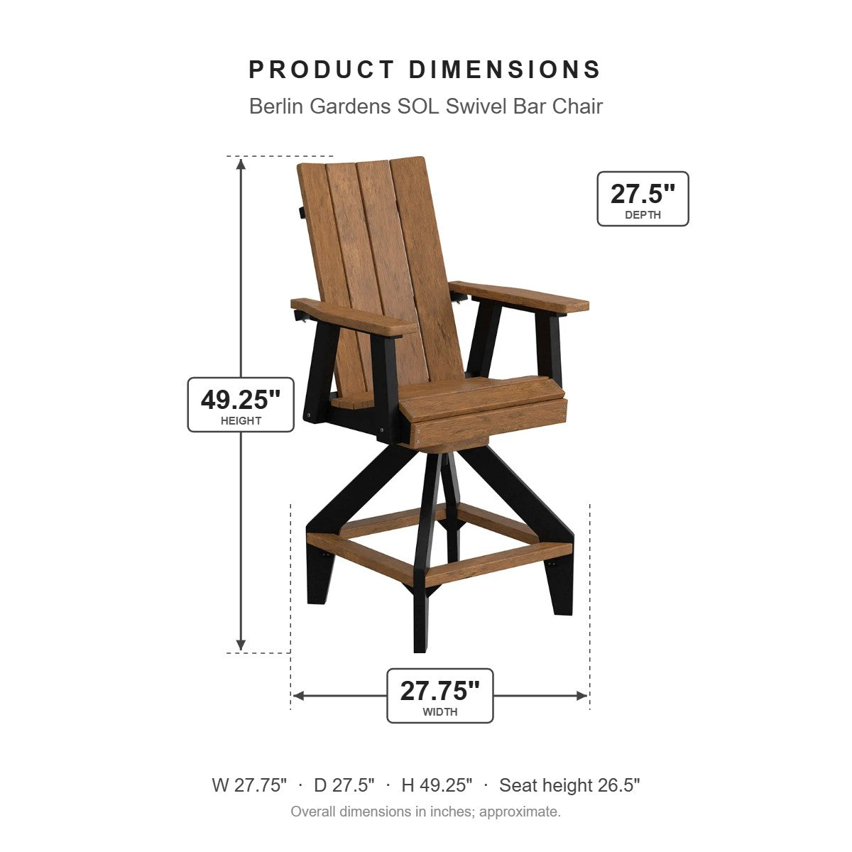 Berlin Gardens SOL Swivel Bar Chair dimensions: 27.75 in W x 27.5 in D x 49.25 in H