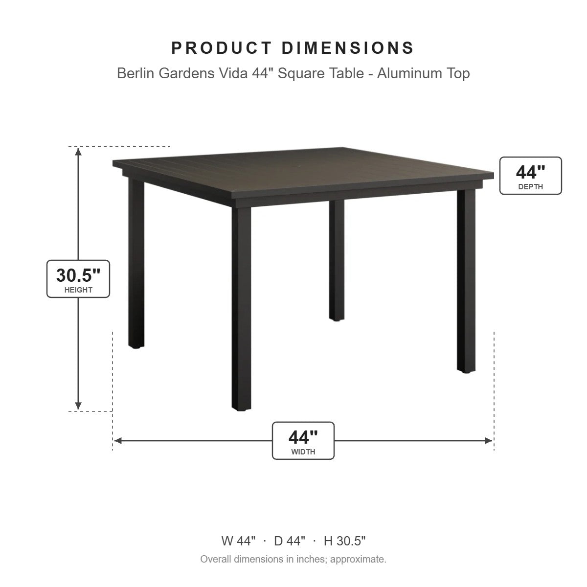 Berlin Gardens Vida 44" Square Table - Aluminum Top dimensions: 44 in W x 44 in D x 30.375 in H