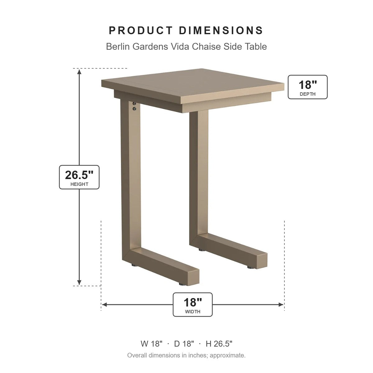Berlin Gardens Vida Chaise Side Table dimensions: 18 in W x 18 in D x 26.5 in H